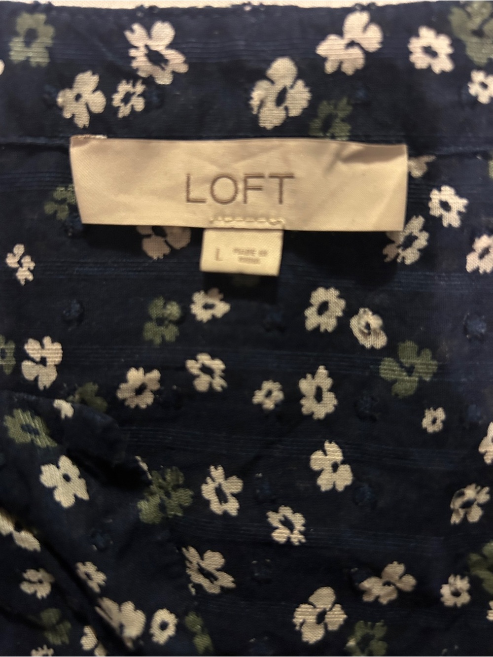 LOFT Womens Large Navy Blue Ditsy Floral Clip Dot Long Sleeve Blouse Top Cotton - Picture 3 of 12